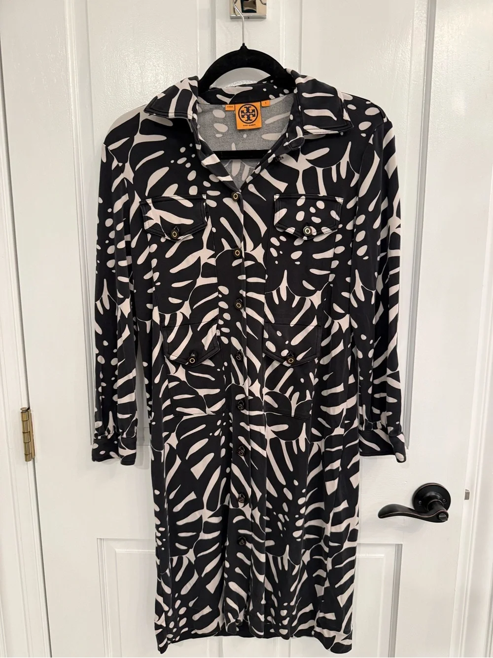 Tory Burch Black and Cream Long Sleeve Printed Shirt Dress, Silk, Size S